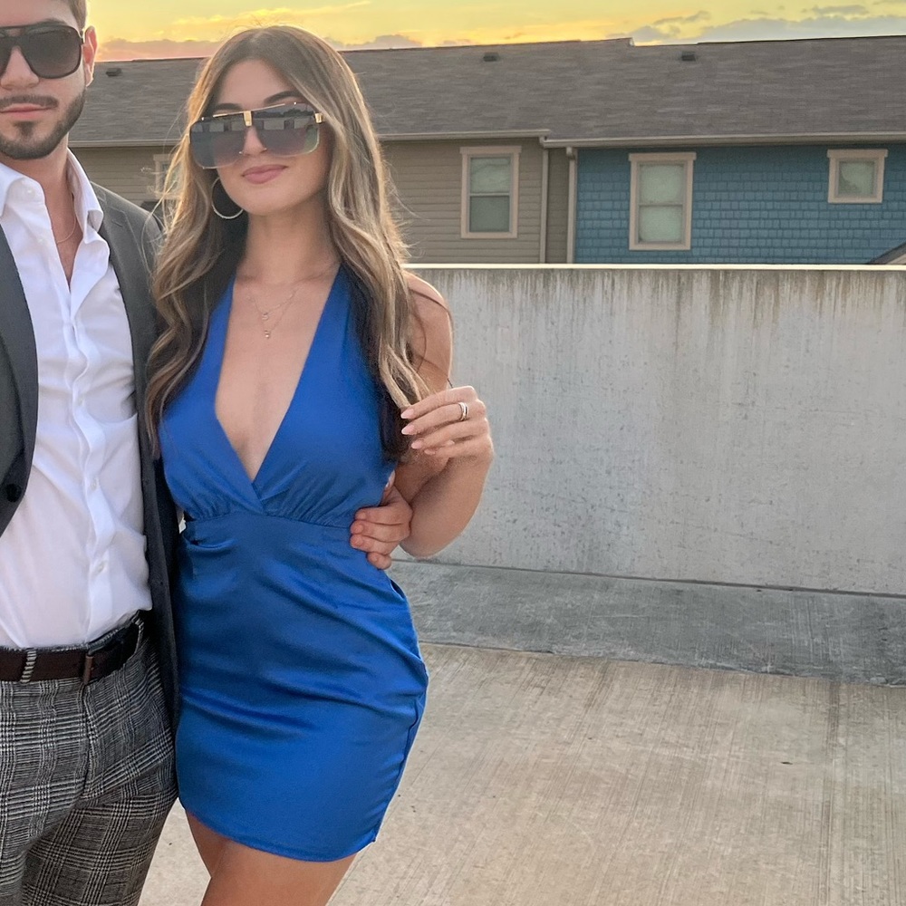 Blue Halter Satin Mini Dress